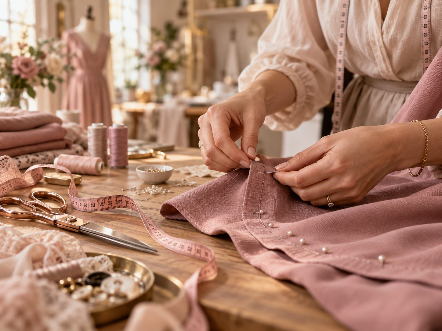 Conny speldt en naait een roze kledingstuk met de hand in haar retoucheatelier in Kuurne
