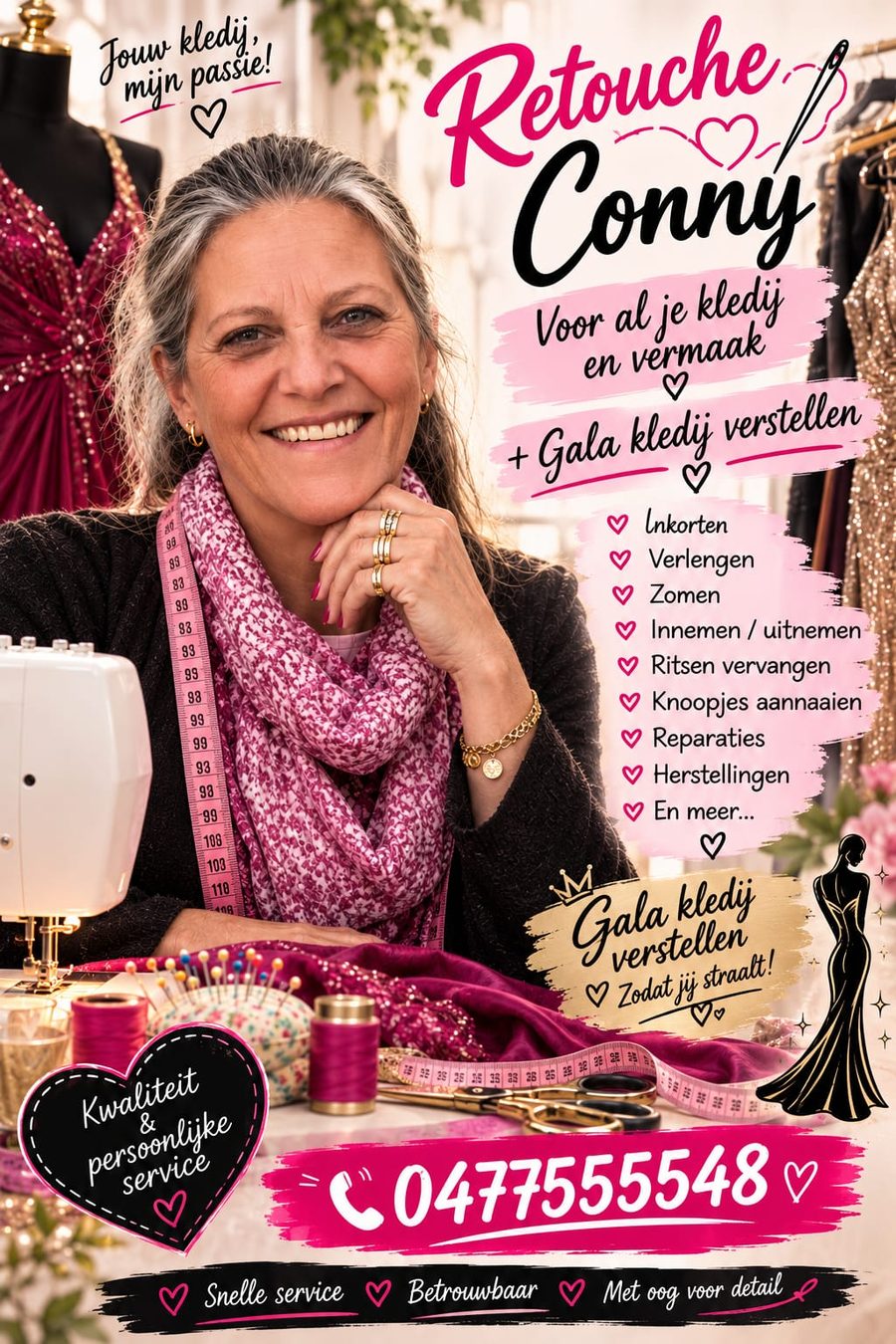 Conny in haar atelier — Connys Retouchehuisje in Kuurne, voor al je kledij en vermaak